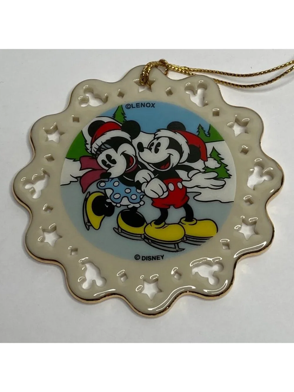 Lenox Mickey Co Christmas Ornament Gold Tassle Mickey Minnie Skating White Stars